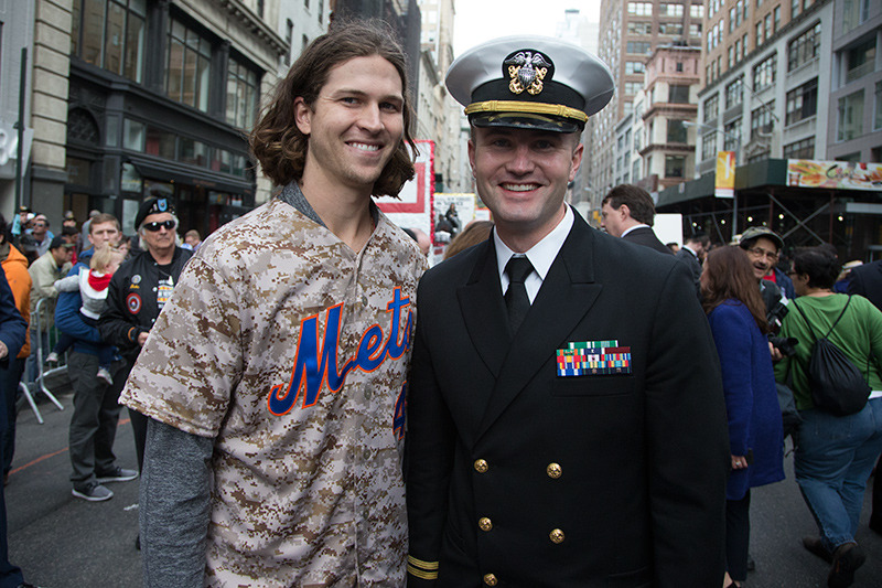 New York Mets pitcher Jacob deGrom poses for a photo with Lt. Matthew Stroup, deputy director, Navy Office of Information East, before the start of the Veterans Day parade on Fifth Avenue in New York on Nov. 11, 2014. (Gordon Donovan) 