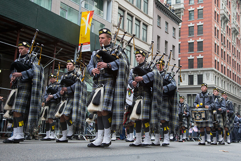Members from the U.S. Military Academy Pipes and Drums at West Point, New York, march during the Veterans Day parade on Fifth Avenue in New York on Nov. 11, 2014. (Gordon Donovan) 