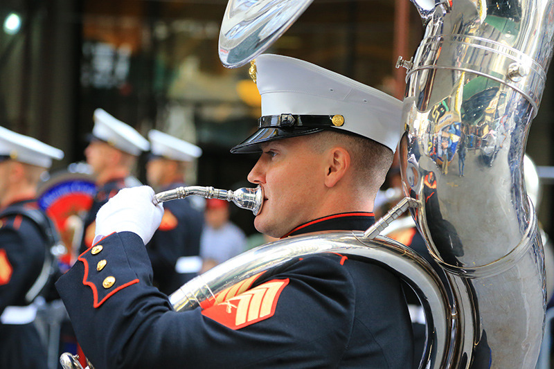 A member of the U.S. Marine Corps Marching Band performs during the Veterans Day parade Fifth Avenue in New York on Nov. 11, 2014. (Gordon Donovan 