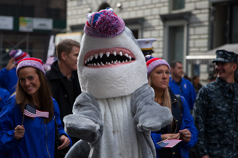 A land shark marches during the Veterans Day parade on Fifth Avenue in New York on Nov. 11, 2014. (Gordon Donovan) 