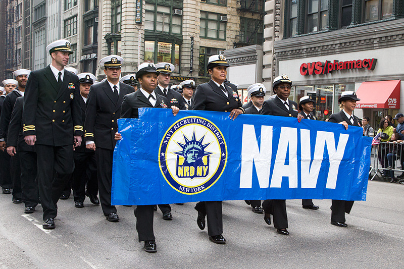 The U.S. Navy marches up Fifth Ave. at the start of the Veterans Day parade in New York on Nov. 11, 2014. (Gordon Donovan)