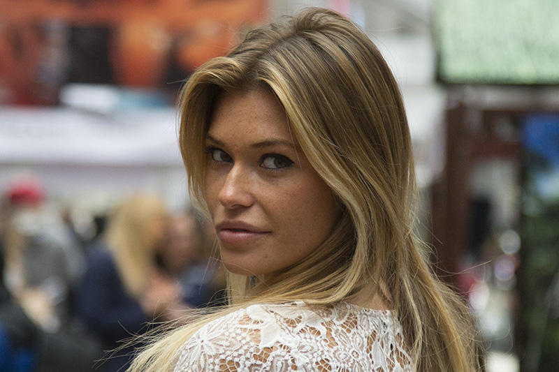 Sports Illustrated swimsuit model Samantha Hoopes finds the camera lens at the SwimCity festival in New York City on Monday Feb. 9, 2015. (Gordon Donovan/Yahoo News)