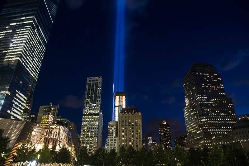 The Tribute in Light rises above the New York skyline and One World Trade Center, right, Friday, Sept. 11, 2015 (Gordon Donovan/Yahoo News)