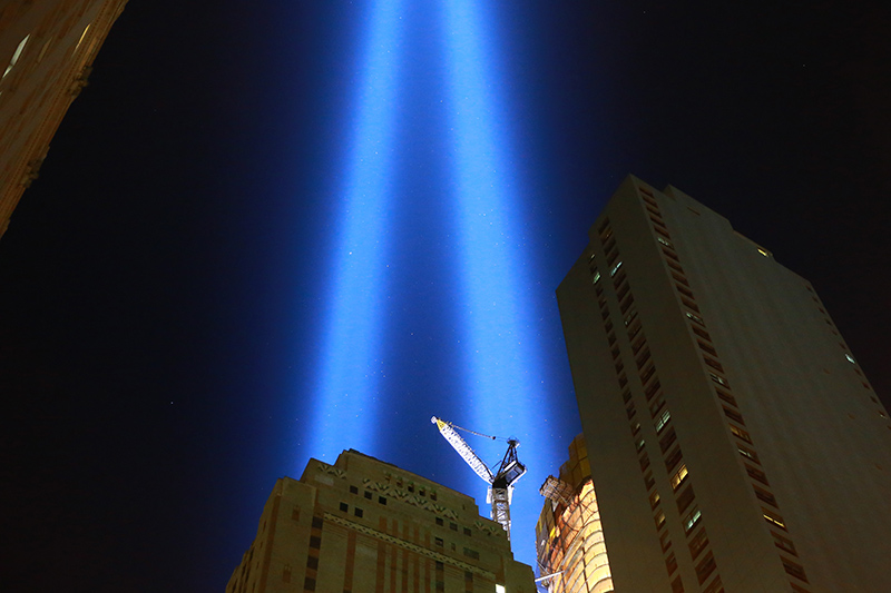 The Tribute in Light is seen from the street beneath the Battery Park Garage on Sept. 11, 2015. (Gordon Donovan/Yahoo News)