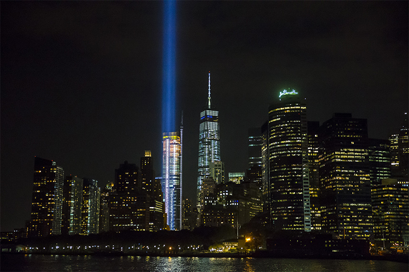 The Tribute in Light is seen from the Staten Island Ferry on Sept. 9, 2015. (Gordon Donovan/Yahoo News)
