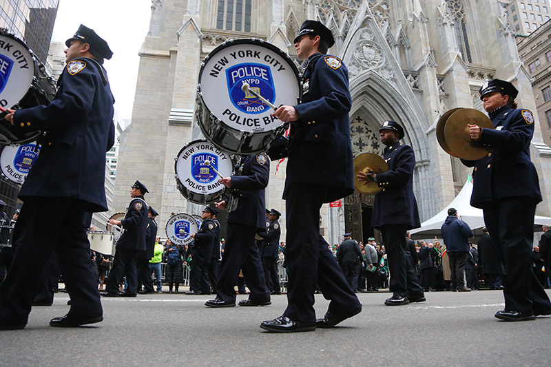 The New York City Police Pipe Band perform as they march during the St. Patrick's Day Parade, March 17, 2015, in New York. (Gordon Donovan)