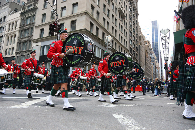 The FDNY Emerald Society Bagpipes march their way up Fifth Ave. during the St. Patrick's Day Parade, March 17, 2015, in New York. (Gordon Donovan)