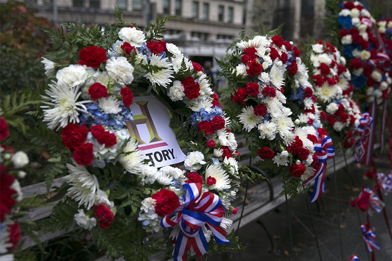 Wreaths honoring veterans are displayed around Madison Square Park in New York City on Nov. 11, 2015. (Gordon Donovan)