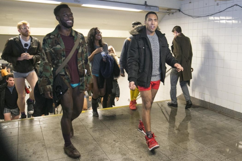New York City: Participantss of the No Pants Subway Ride leave the subway platform in New York City, Sunday, Jan. 10, 2016. (Gordon Donovan/Yahoo News)
