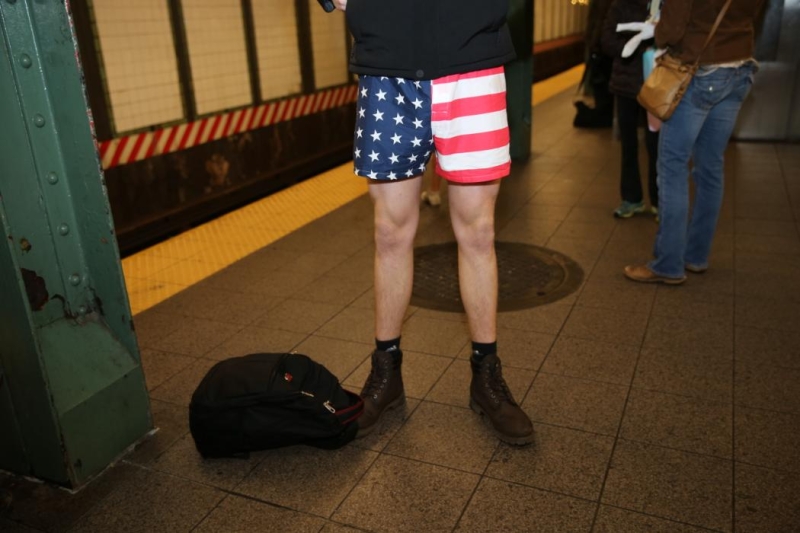 What No Pants Subway Ride is not complete without the stars and stripes in New York City, Sunday, Jan. 10, 2016. (Gordon Donovan/Yahoo News)