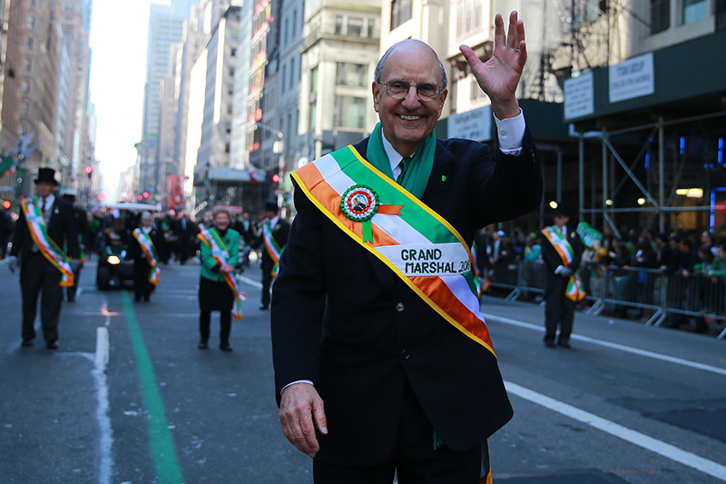 Grand Marshal of the 2016 NYC St. Patrick’s Day Parade, Senator George J. Mitchell waves to the crowds at the St. Patrick's Day Parade, March 17, 2016, in New York. (Gordon Donovan/Yahoo News)