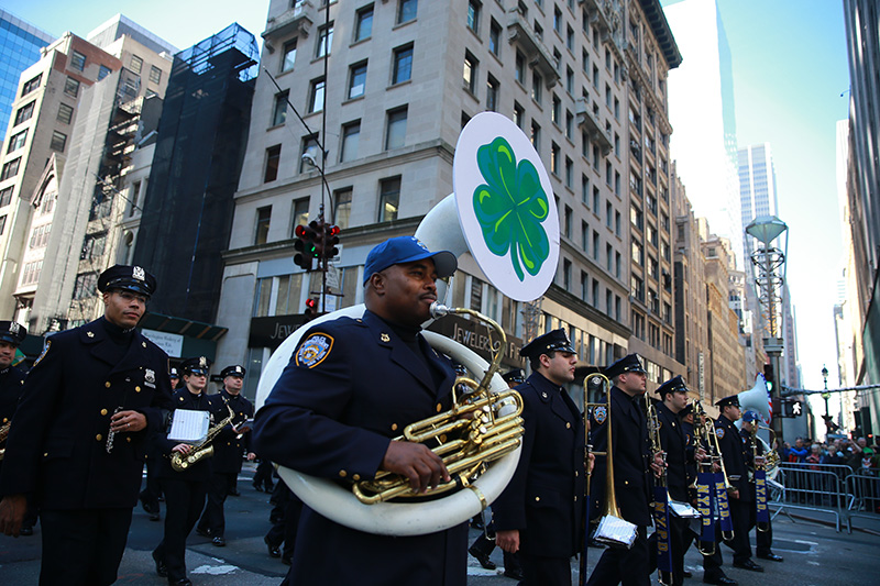 Members of the NYPD Emerald Society Pipe and Drums march on Fifth Avenue during the St. Patrick's Day Parade, March 17, 2014, in New York. (Gordon Donovan/Yahoo News)