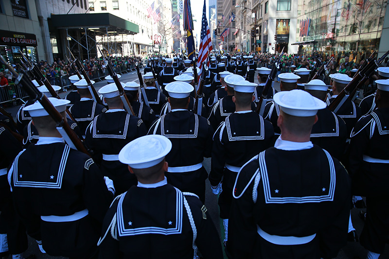 Members of the U.S. Navy march up Fifth Ave. during the St. Patrick's Day Parade, March 17, 2016, in New York. (Gordon Donovan/Yahoo News)