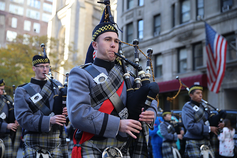 A cadet from the U.S. Military Academy at West Point plays bagpipes during the Veterans Day parade in New York City on Nov. 11, 2016. (Gordon Donovan/Yahoo News)