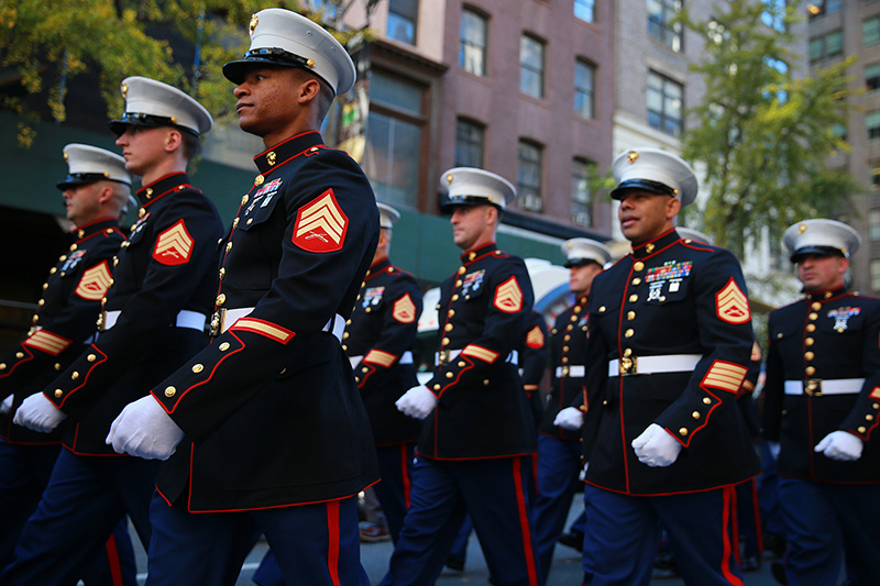 Members of the Marine Corps take part in the Veterans Day parade in New York on Nov. 11, 2016. (Gordon Donovan/Yahoo News)