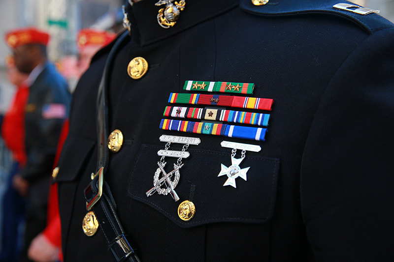 A close-up of the ribbons worn by a member of the Marine Corps during the Veterans Day parade in New York City on Nov. 11, 2016. (Gordon Donovan/Yahoo News)