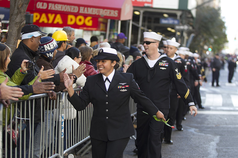 Navy personal thank spectators during the Veterans Day parade in New York City on Nov. 11, 2016. (Gordon Donovan/Yahoo News)
