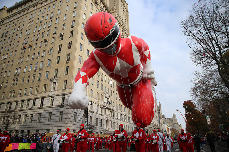 The 78-foot-long Red Ranger Morphin Power Ranger balloon is held down on Central Park West in the 90th Macy’s Thanksgiving Day Parade in New York, Thursday, Nov. 24, 2016. (Gordon Donovan/Yahoo News)