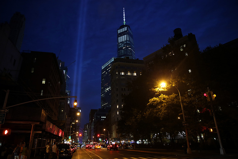 The Tribute in Light rises above the New York skyline from West Broadway with One World Trade Center to the right on Sept. 10, 2016. (Gordon Donovan/Yahoo News)