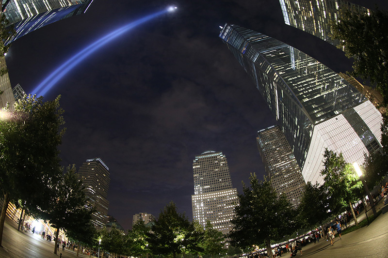 The Tribute in Light rises above the New York City skyline from the National September 11 Memorial & Museum on Sept. 10, 2016, the 15th anniversary of the 2001 terrorist attacks. (Gordon Donovan/Yahoo News)