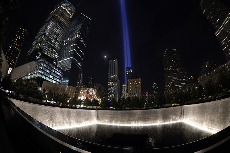 The Tribute in Light rises above the New York City skyline from the National September 11 Memorial & Museum on Sept. 10, 2016, the 15th anniversary of the 2001 terrorist attacks. (Gordon Donovan/Yahoo News)