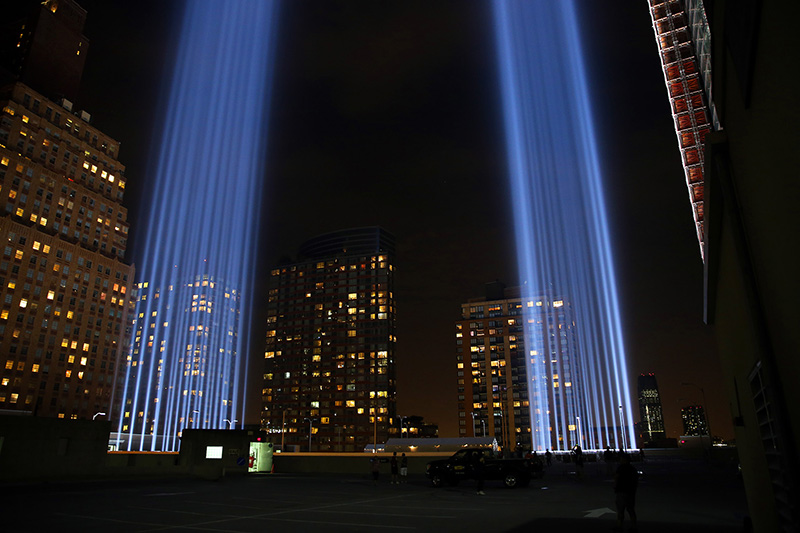 The Tribute in Light art installation consists of 88 searchlights that create two vertical columns of light on Sept. 10, 2016. (Gordon Donovan/Yahoo News)