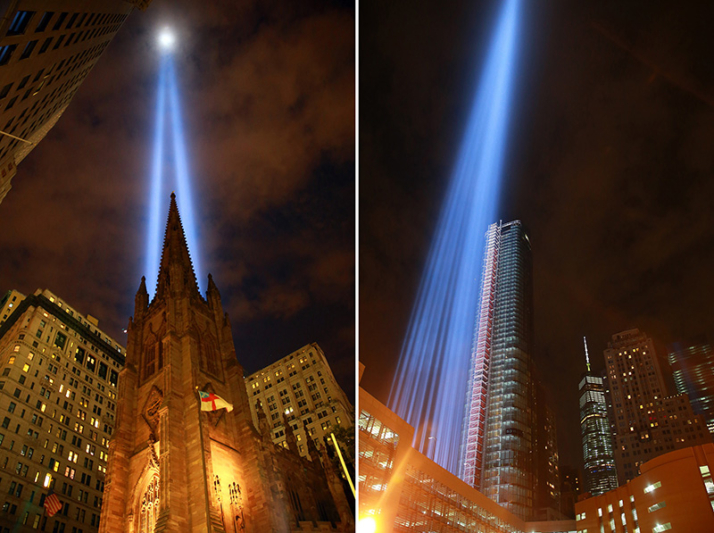 The Tribute in Light rises above the Trinity Church on Broadway, Sept. 10, 2016. (Gordon Donovan/Yahoo News)