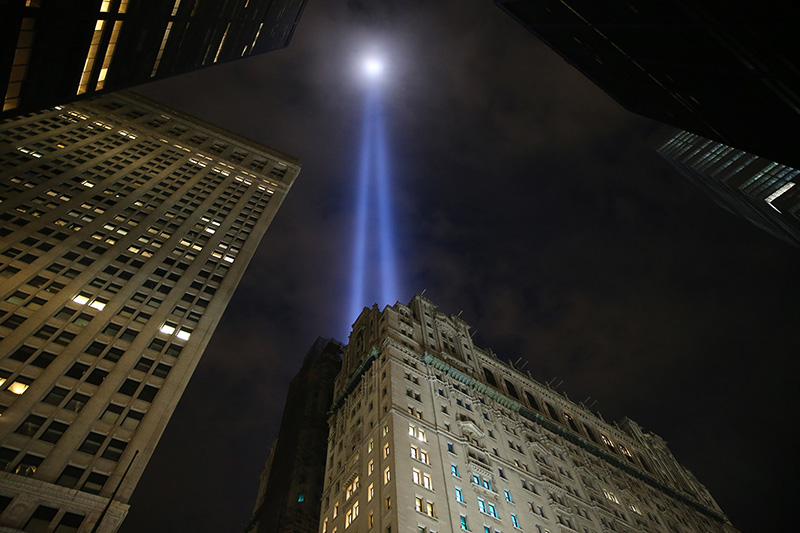 The Tribute in Light rises above the New York skyline from the Canyon of Heroes on Sept. 10, 2016. (Gordon Donovan/Yahoo News)