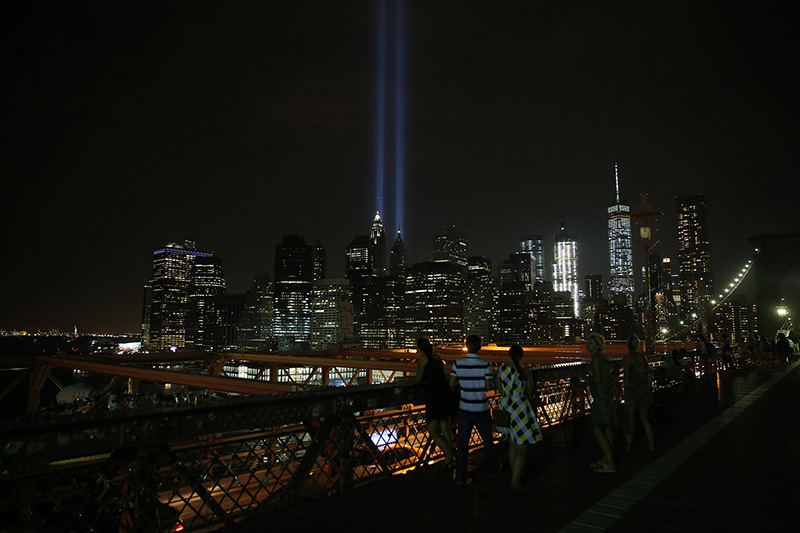 The Tribute in Light rises above the New York skyline from the Brooklyn Bridge on Sept. 10, 2016. (Gordon Donovan/Yahoo News)