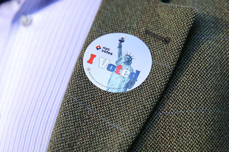 A man wears a "I voted" sticker on his jacket after casting his vote at a polling site in New York City, Tuesday, Nov. 8, 2016. (Gordon Donovan/Yahoo News)