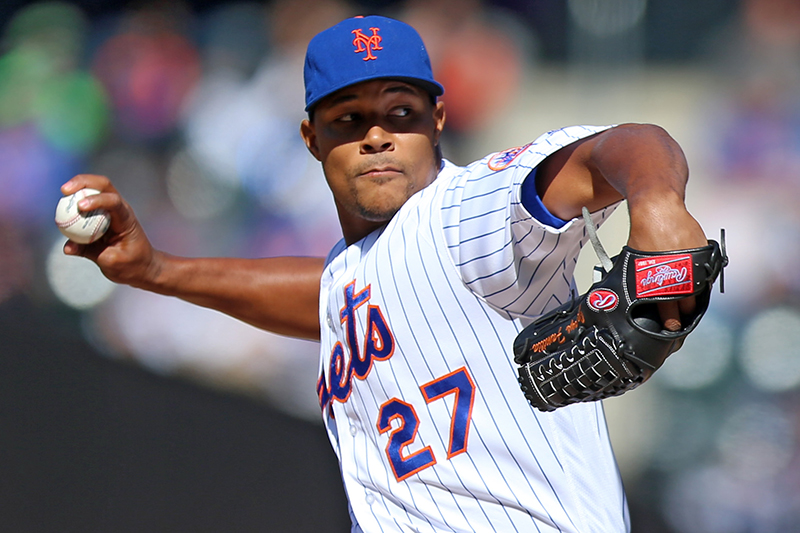New York Mets relief pitcher Jeurys Familia (27) throws in the eighth inning of a baseball game against the Miami Marlins at Citi Field in New York, Wednesday, April 13, 2016. (Gordon Donovan)