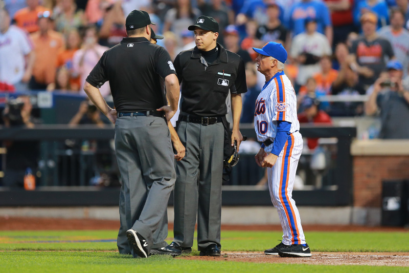 New York Mets manager Terry Collins (10) is ejected in the third inning of a baseball game against the Los Angeles Dodgers at Citi Field in New York, Saturday, May 28, 2016. (Gordon Donovan)