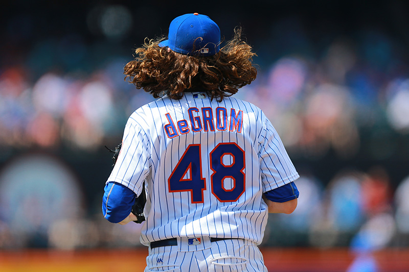 New York Mets starting pitcher Jacob deGrom (48) heads out on the field in the seventh inning of a baseball game against the Miami Marlins at Citi Field in New York, Wednesday, July 6, 2016. (Gordon Donovan)