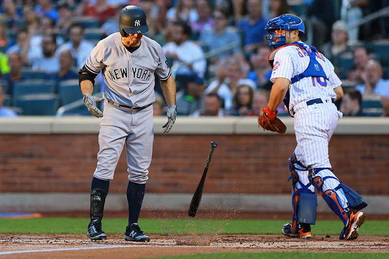 New York Yankees Brett Gardner (11) slams his bat down after striking out in the second inning of a baseball game against the New York Mets at Citi Field in New York, Tuesday, August 2, 2016. (Gordon Donovan)