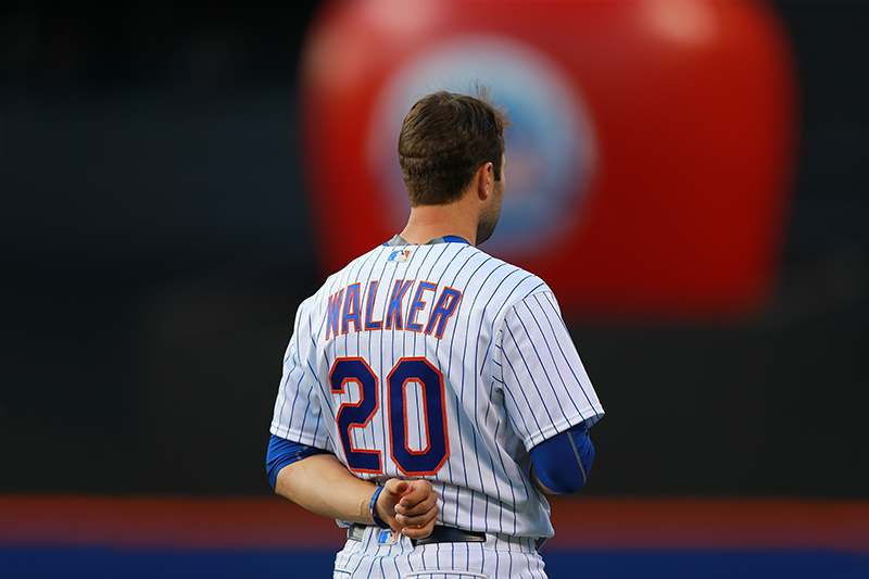 New York Mets Neil Walker stands for national anthem before the baseball game against the Arizona Diamondbacks at Citi Field in New York, Tuesday, Aug. 9, 2016. (Gordon Donovan)