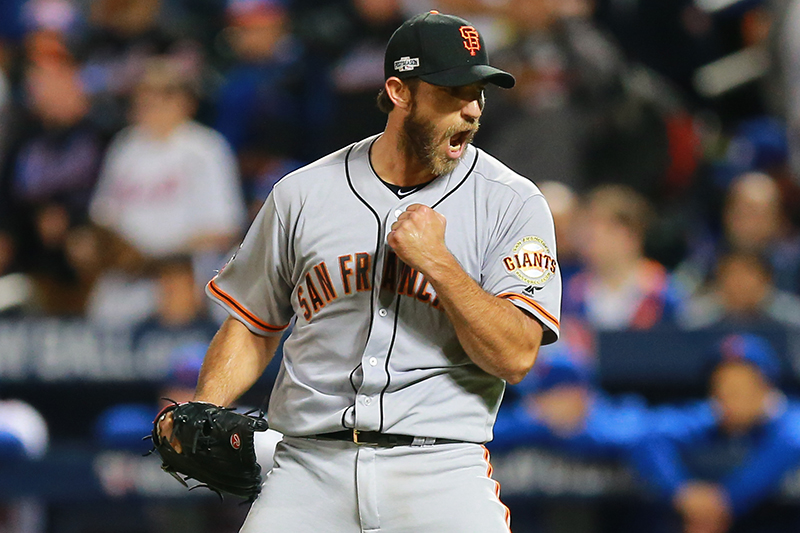 San Francisco Giants Madison Bumgarner (40) pumps his fist after the final out of the National League wild-card baseball game against the New York Mets at Citi Field in New York, Wednesday, October 5, 2016. Bumgarner pitched a complete-game shutout to beat the Mets 3-0. (Gordon Donovan)