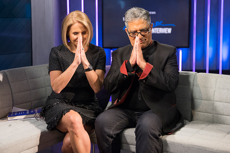 Yahoo Global News Anchor Katie Couric poses for a photo with author and alternative medicine advocate Deepak Chopra at the Yahoo Studios in New York City on April 13, 2017. (Gordon Donovan/Yahoo News)