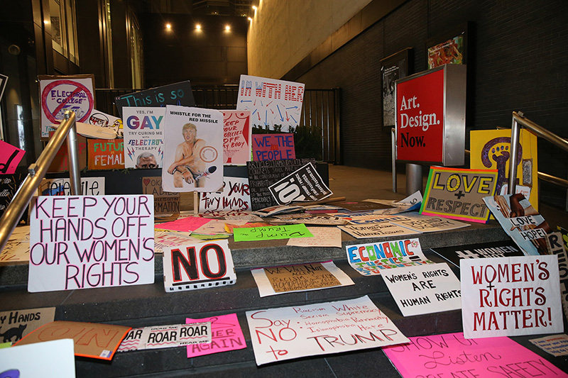 A shrine of discarded signs from the Women's March in New York City on Jan. 21, 2017. (Gordon Donovan/Yahoo News)