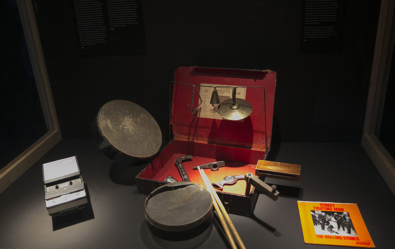 Other unique items include the cassette player on which Keith famously sketched out the idea for "(I Can’t Get No) Satisfaction" just before falling asleep in a Florida motel room and the toy drum kit that Charlie Watts used in the recording of "Street Fighting Man." (Gordon Donovan/Yahoo News)