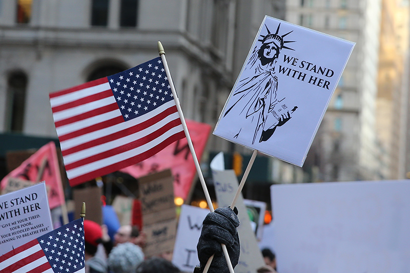 Demonstrators march up Church Avenue in New York, Jan. 29, 2017, protesting President Donald Trump's immigration order. (Gordon Donovan/Yahoo News)