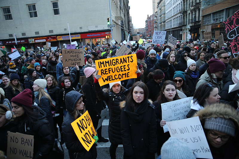 Demonstrators march up Church Avenue in New York, Jan. 29, 2017, protesting President Donald Trump's immigration order. (Gordon Donovan/Yahoo News)
