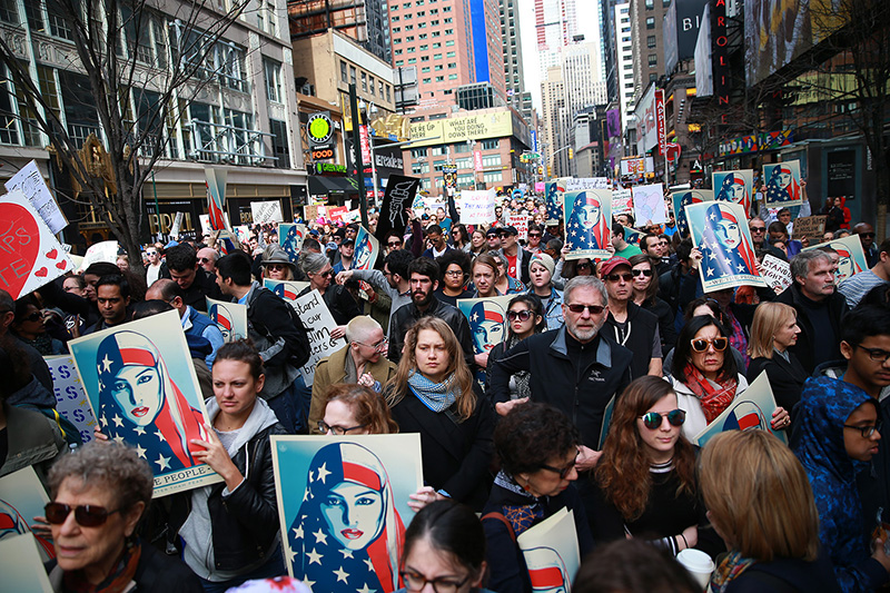 People gather in Times Square in New York City in the “I am a Muslim too" rally on Feb. 19, 2017. (Gordon Donovan/Yahoo News)