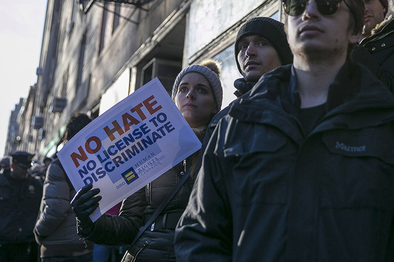 People protest at a rally in front of the Stonewall Inn in solidarity with immigrants, asylum seekers, refugees, and the LGBT community, Feb. 4, 2017 in New York. The demonstrators protested the policies of U.S. President Donald Trump. (Photo: Gordon Donovan/Yahoo News)