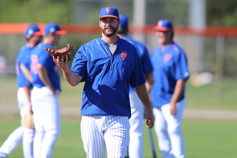 New York Mets Logan Taylor spins his glove like a basketball uring workouts at the Mets Spring Training Complex in Port St. Lucie, Fl., Saturday, Feb 25, 2017. (Gordon Donovan/Yahoo Sports)