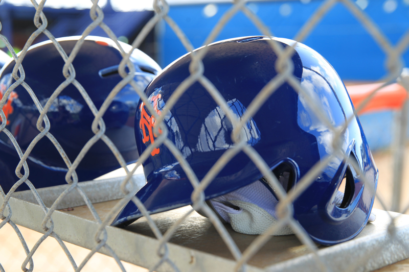 New York Mets batting helmets sit in a rack at the Mets spring training facility in Port St. Lucie, Fl., Monday, Feb. 27, 2017. (Gordon Donovan/Yahoo Sports)