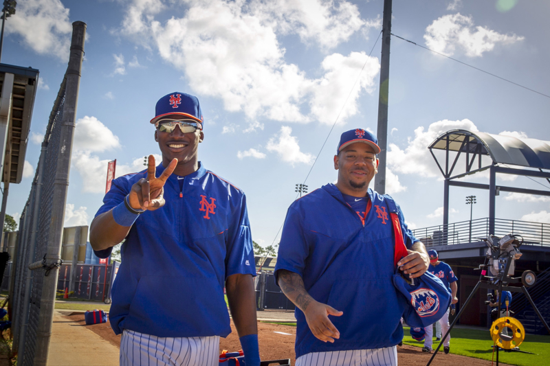 New York Mets Champ Stuart and Dominic Smith shows some love for teh camera before workouts at the Mets spring training facility in Port St. Lucie, Fl., Monday, Feb. 27, 2017. (Gordon Donovan/Yahoo Sports)