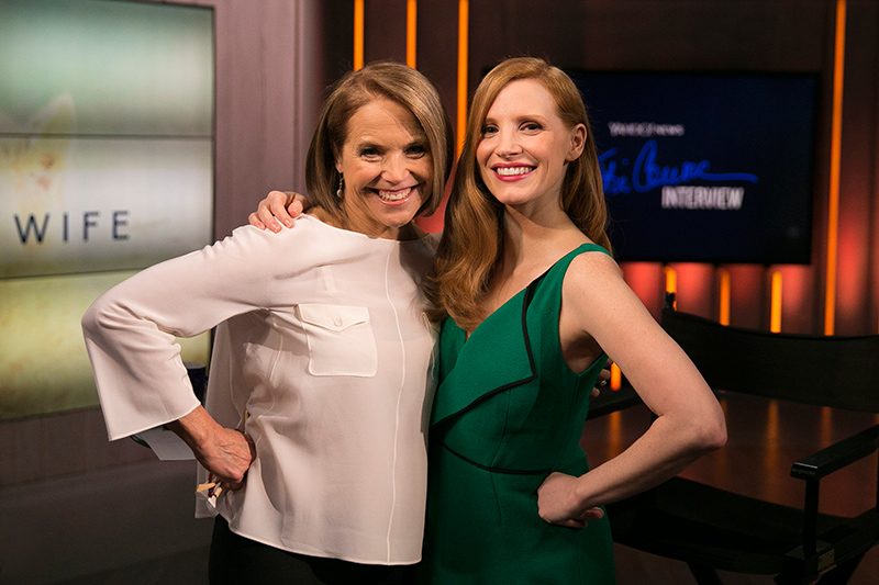 Yahoo Global News Anchor Katie Couric poses with actress Jessica Chastain after an interview at the Yahoo Studios in New York City on March 20, 2017. (Gordon Donovan/Yahoo News)
