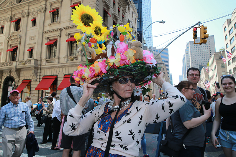 Francine Feaz of Queens models her sunflower bonnet during the annual Easter Parade and Easter Bonnet Festival on the Fifth Avenue in New York on April 16, 2017. (Photo: Gordon Donovan/Yahoo News)