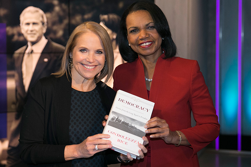 Yahoo Global News Anchor Katie Couric poses for a photo with former United States Secretary of State Condoleezza Rice after an interview at the Yahoo Studios in New York City on May 9, 2017. (Gordon Donovan/Yahoo News)