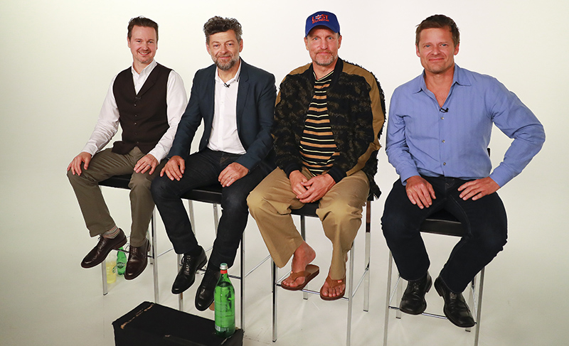The cast and director of the upcoming “War for the Planet of the Apes”: left to right, director Matt Reeves and actors Andy Serkis, Woody Harrelson and Steve Zahn, at the Yahoo Studios in New York City on July 10, 2017. (Gordon Donovan/Yahoo News)